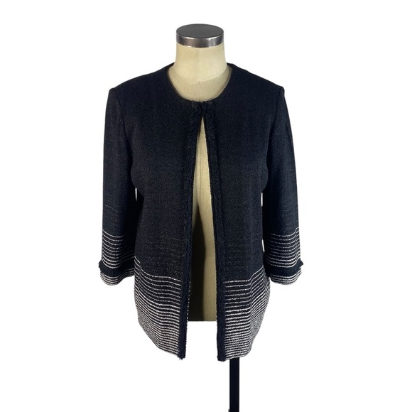 MING WANG Clasp Front Fringe Trim Cardigan Sweater Jacket Medium Black Silver - Picture 1 of 8